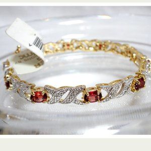 NWT January Birth Stone Garnet Diamond 24KT Gold .925 Silver Tennis Bracelet